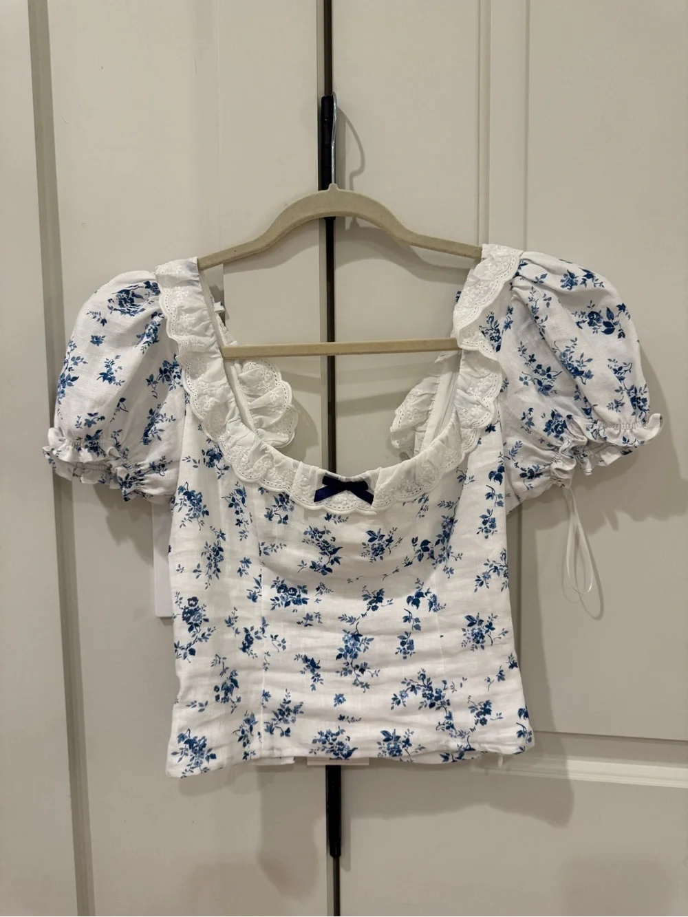 Reformation White Top with Blue Floral Print and Puff Sleeves